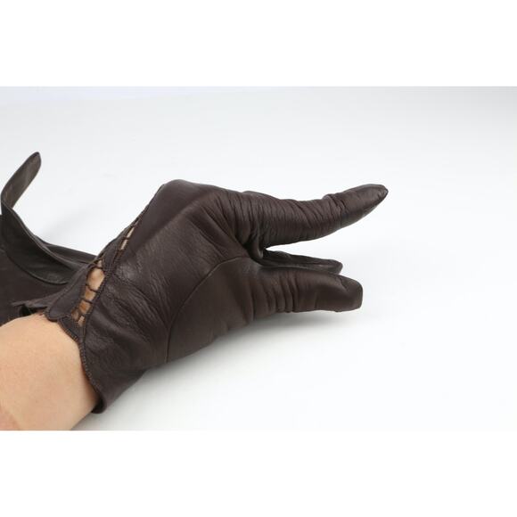 Brown Leather Gloves Crochet Detail Size 7.5 - Picture 3 of 8